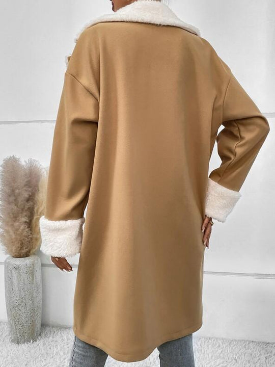 Stylish Fur Trim Button Down Woolen Trench Coat