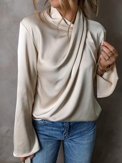 Elegant Solid Color Satin Pleated Blouse