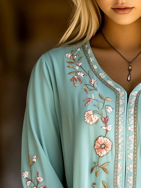 Boho V-neck Flower Embroidery Loose Blouse