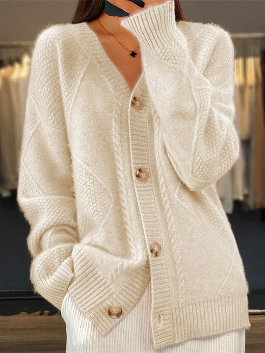 Button-Down Jacquard Long-Sleeved V-Neck Knitted Cardigan