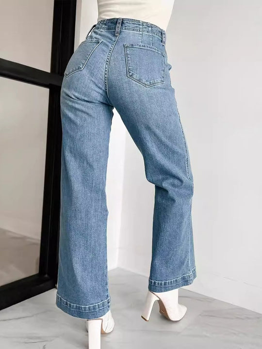 Stylish High-Waist Multi-Pocket Straight-Leg Jeans