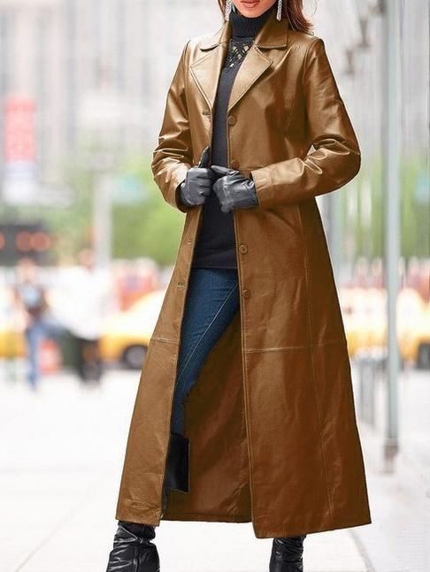 Suit Collar Solid Color Mid-length Leather Trench Coat