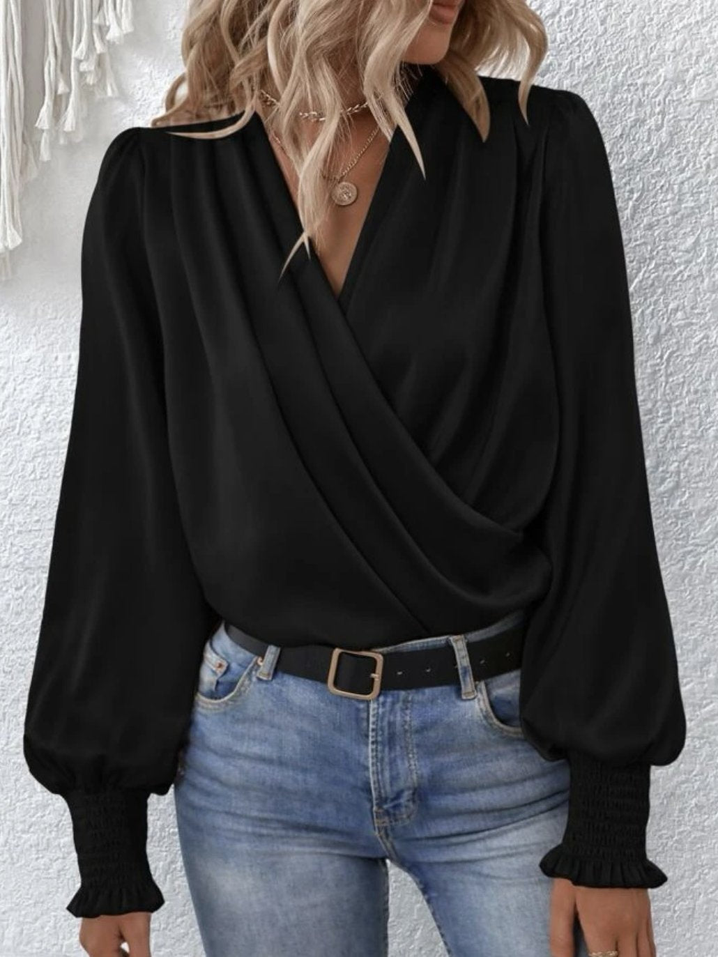 Elegant V-neck Pleated Lantern Sleeve Satin Blouse