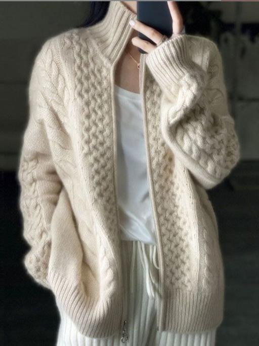 Sytlish Thick Turtleneck Zipper Cable Knit Cashmere Cardigan