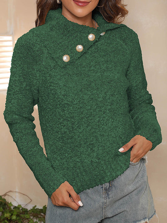 Stylish Irregular Large Lapel Pearl Button Pullover Sweater