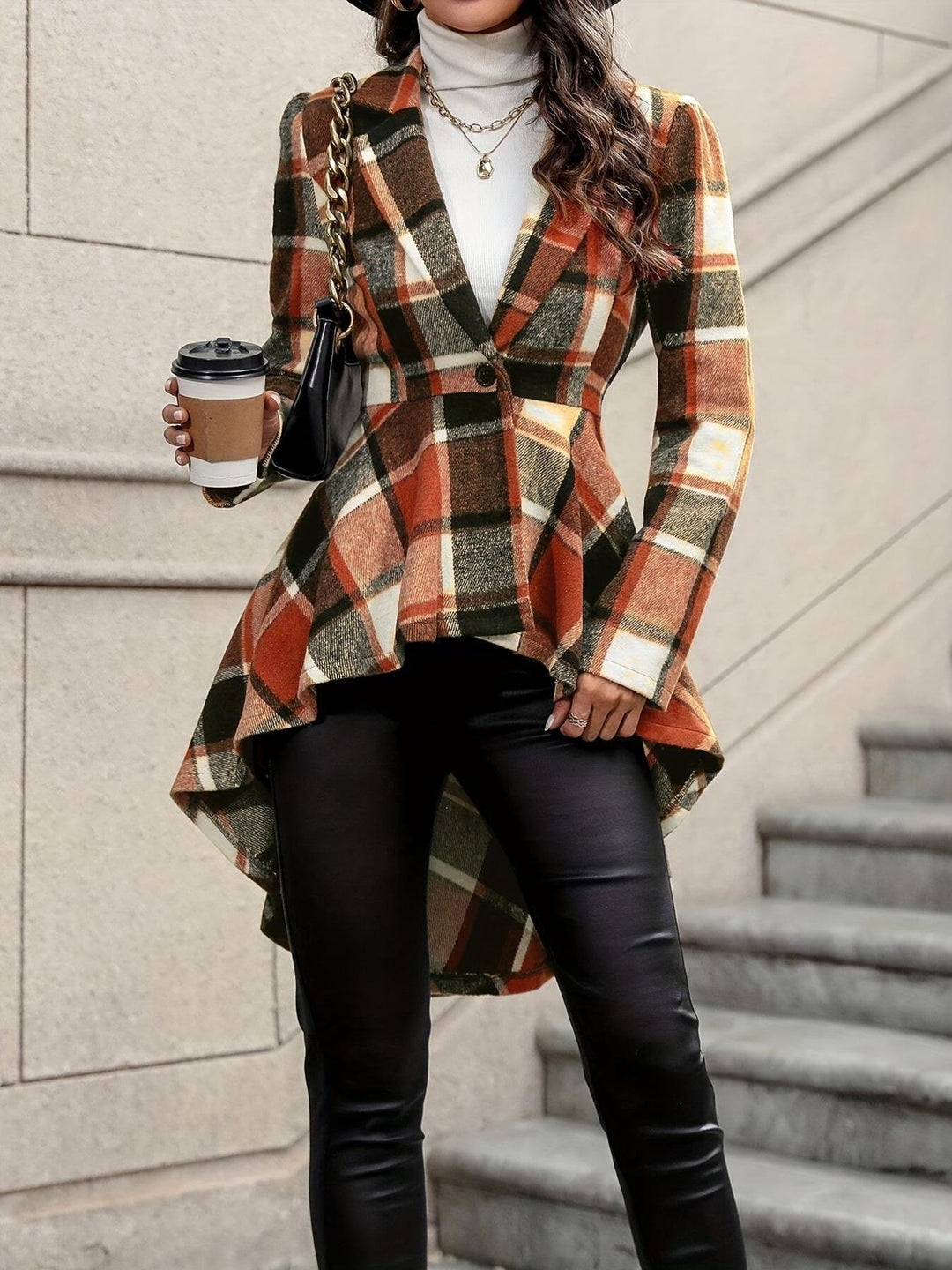 Stylish Plaid Pattern Short-Front Long-Back Woolen Jacket