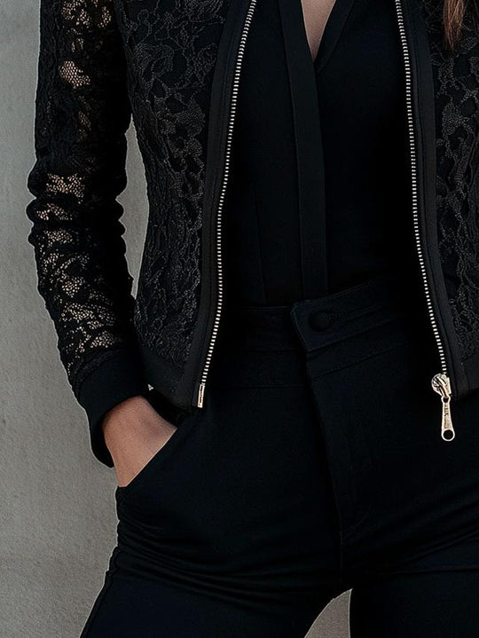 Stylish Round Neck Hollow-out Lace Patchwork Zipper Jacket