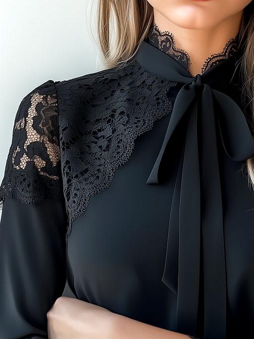 Retro Tie-neck Lace Patchwork Long Sleeve Chiffon Blouse