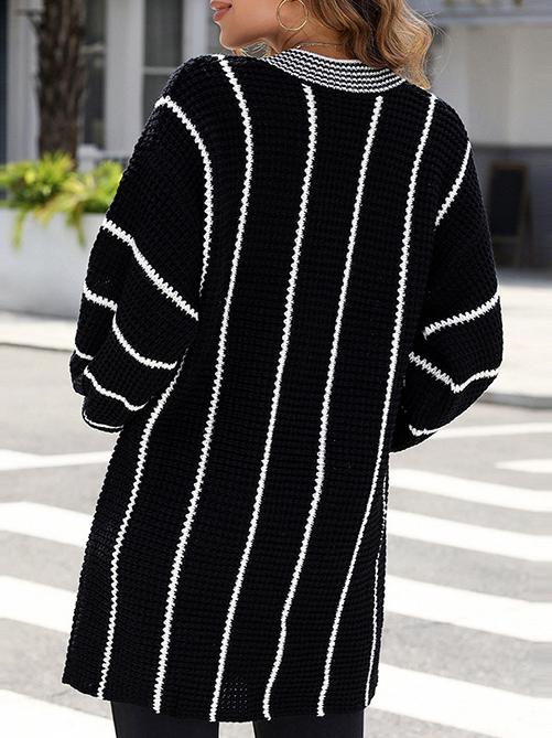 Stylish V-neck Mid-length Knit Striped Loose Sweater