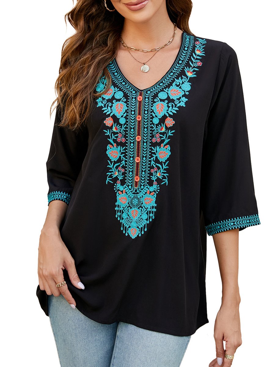 Embroidered V-Neck Half-Sleeve T-Shirt