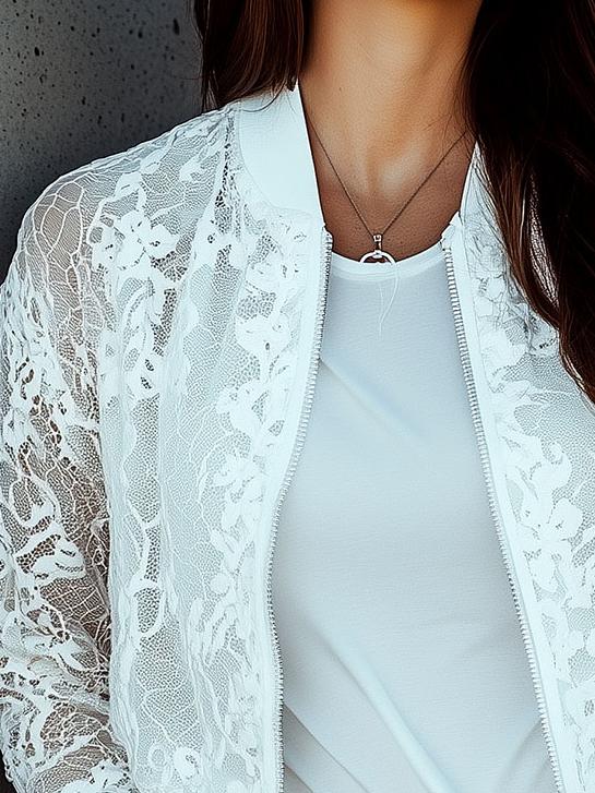 Casual Round Neck Hollow-out Lace Patchwork Off-white Jacket