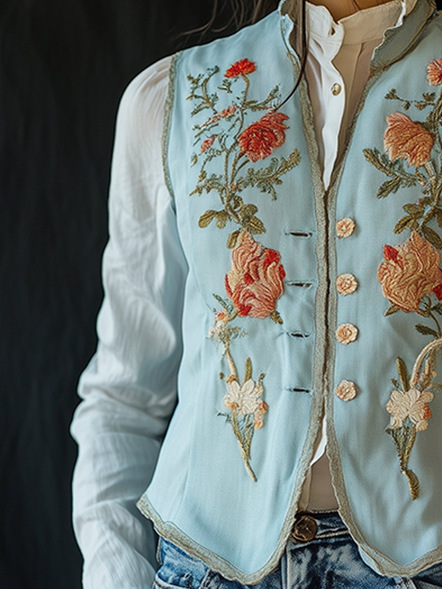 Vintage Elegance Sky Blue Floral Embroidered Vest