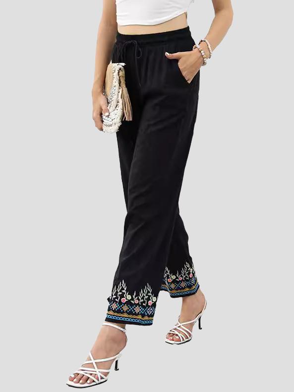 Elegant Floral Embroidered Elastic Waist Straight-leg Pants