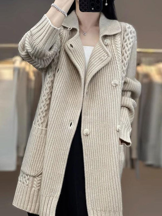 Stylish Suit Collar Double-breasted Cable Knit Texture Cardigan