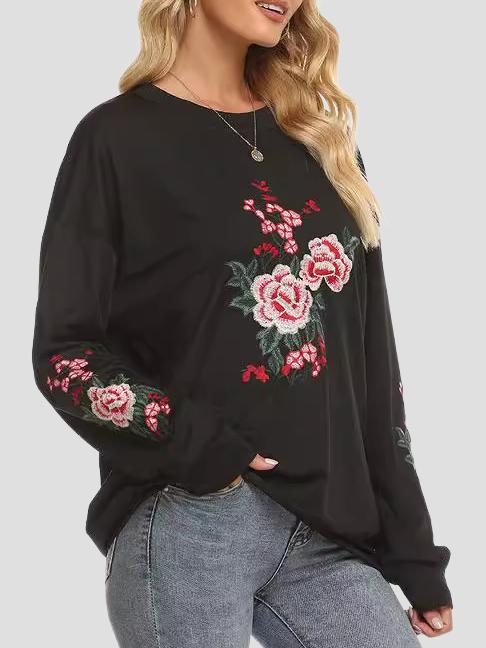 Elegant Floral Embroidered Ribbed Loose-Fitting Top