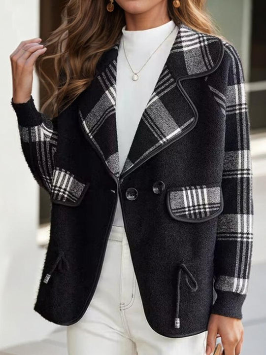 Retro Suit Collar Plaid Patchwork Knited Jacket