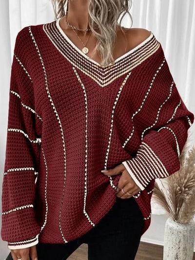 Stylish V-neck Mid-length Knit Striped Loose Sweater