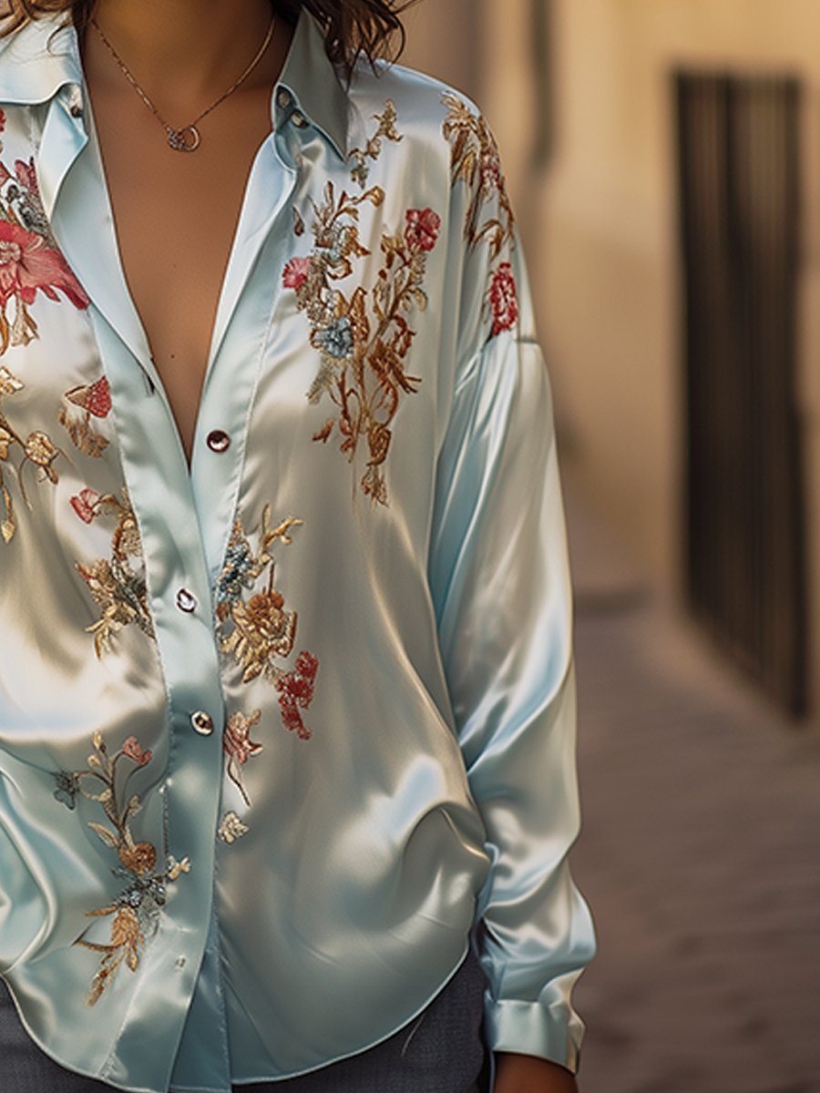 Blue Floral Digital Printed Satin Shirt