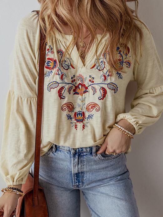 Ethnic V-Neck Paisley Embroidered Long Sleeves Chiffon Blouse