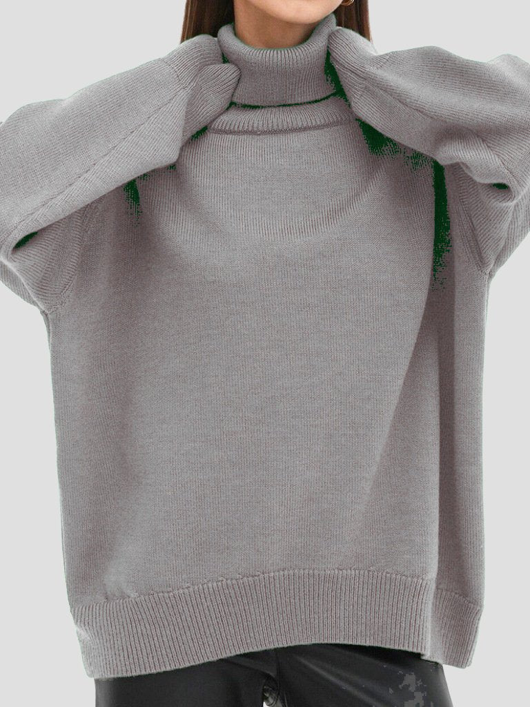 Basic Turtleneck Solid Color Ribbed Trim Knited Sweater