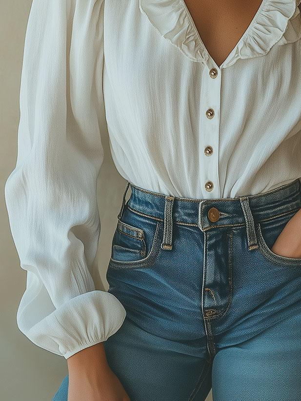 Boho Ruffled Trim Single-breasted Cotton and Linen Shirt