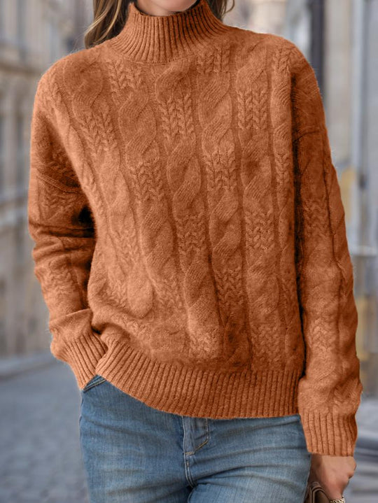 Retro Mock Neck Cable Knit Solid Color Pullover Sweater