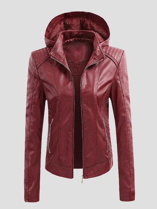 Stylish Warm Lined Detachable Hood Pockets Leather Jacket