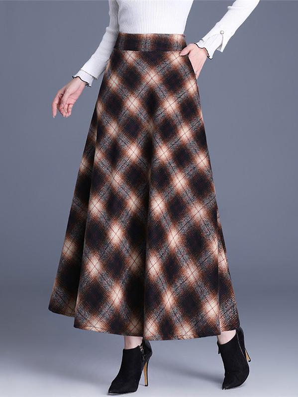 Elegant High-waist Color-block Grid Wool Blend Long Skirt