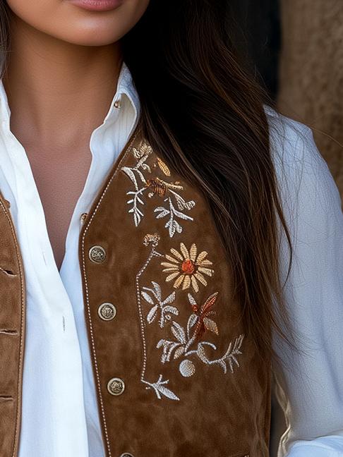 Retro Daisy Embroidery Pockets with Flap Suede Vest