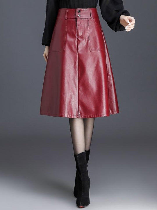 Chic High-waisted Mid-length A-line Leather Umbrella Skirt