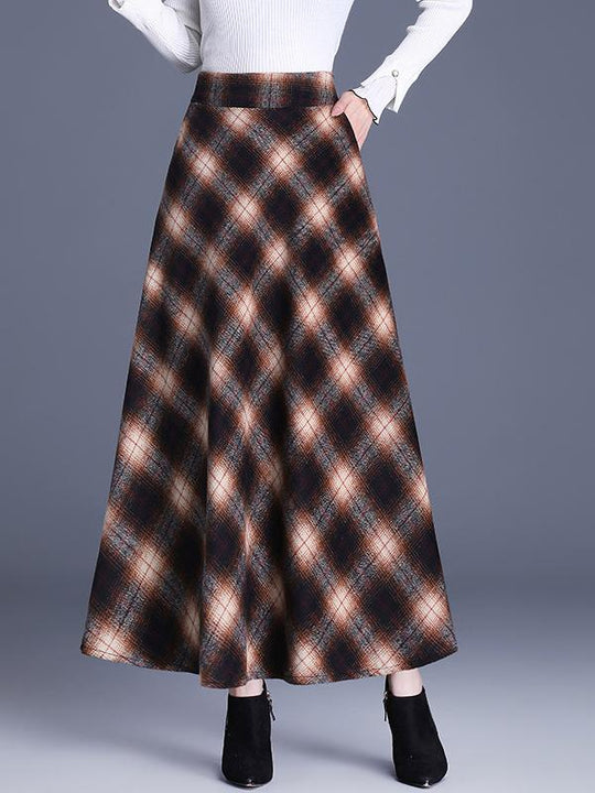 Elegant High-waist Color-block Grid Wool Blend Long Skirt