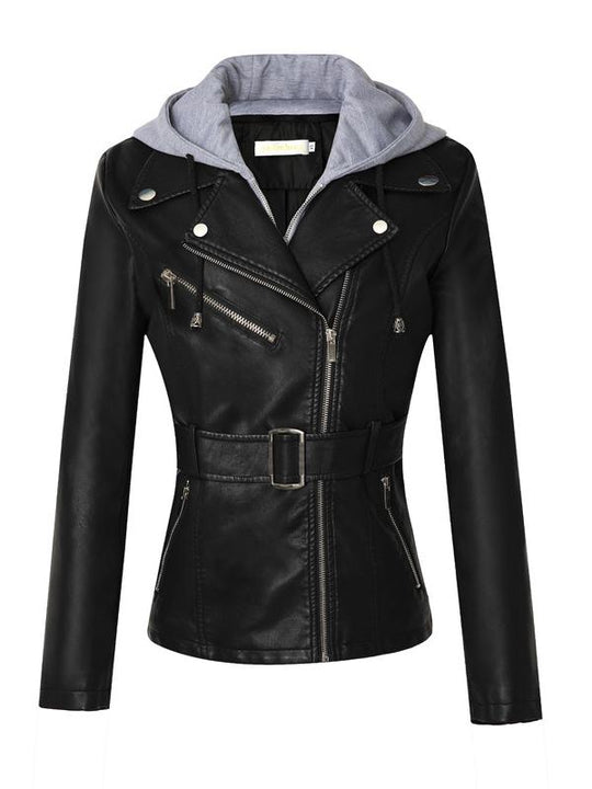 Stylish Hooded Zipper-up Waist Belt Leather Jacket