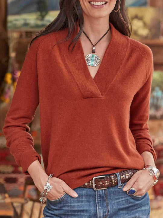 Retro V-neck Solid Color Knited Pullover Top