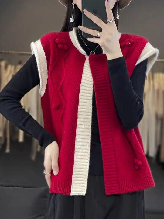 Round Neck Color-Block Sleeveless Cashmere Cardigan