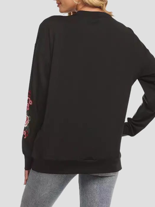 Elegant Floral Embroidered Ribbed Loose-Fitting Top