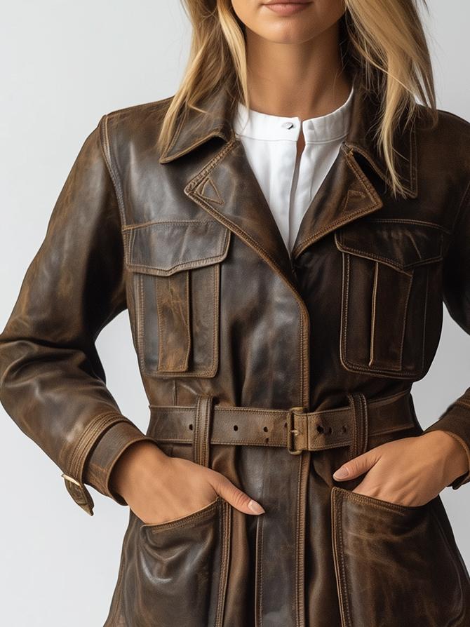 Vintage Multiple Pockets Windproof Leather Trench Coat