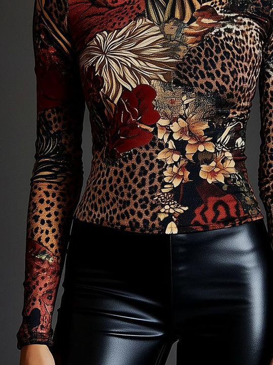 Turtleneck Leopard and Floral Print Long Sleeve T-shirt