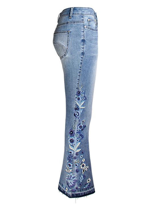 Chic Handmade Embroidered Flower Slim-fit Flare Jeans