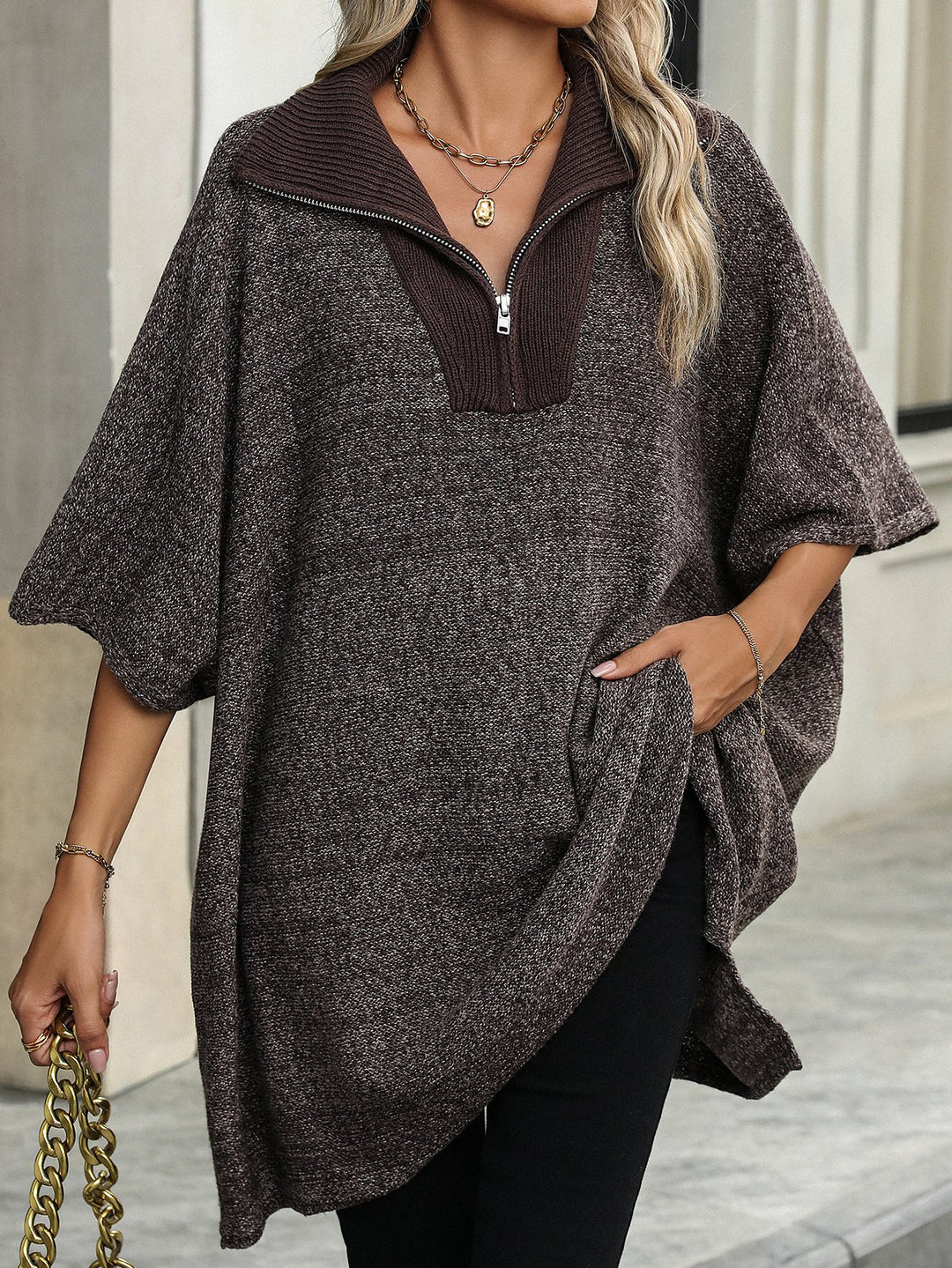 Lapel Zippered Half Sleeves Mid-length Oversize Sweater