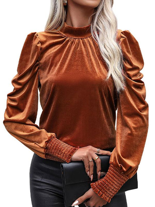 Stylish Turtleneck and Tie-neck Pleated Velvet Top