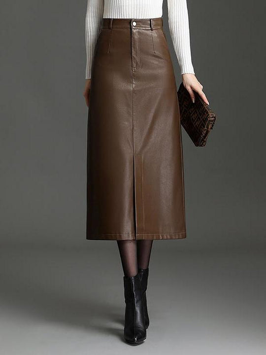 Elegant Side Slit Straight PU Leather Pencil Skirt