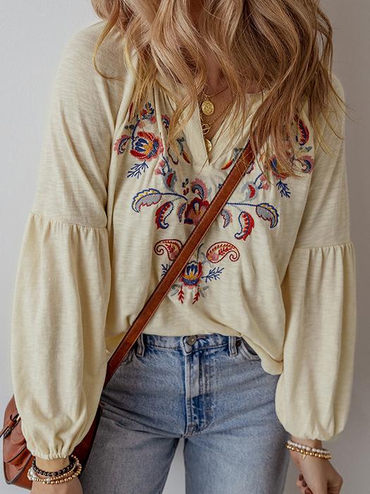 Ethnic V-Neck Paisley Embroidered Long Sleeves Chiffon Blouse