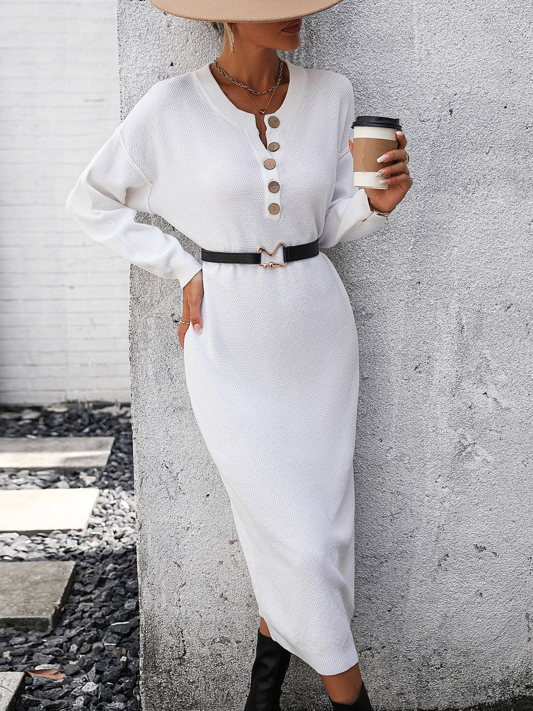 Elegant Crew Neck Half-placket Knited Midi Dress