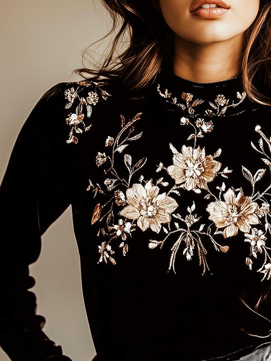 Mock Neck Floral Embroidery Long Sleeve Velvet Blouse