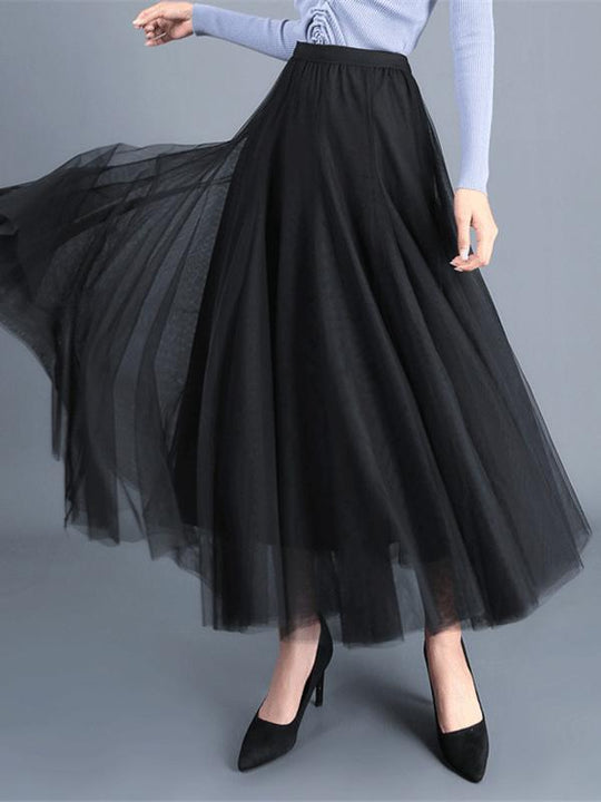 Elegant Elastic Waist Solid Color Chiffon Pleated A-Line Midi Skirt