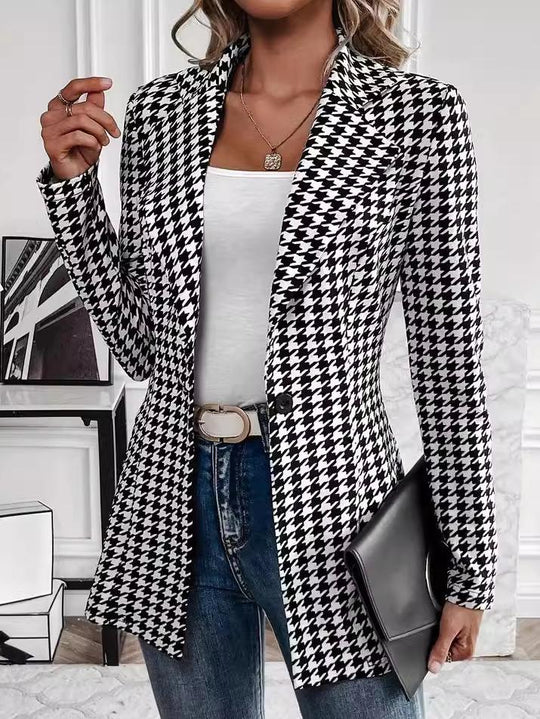 Chic Tailored Fit Button Down Houndstooth Leopard Blazer