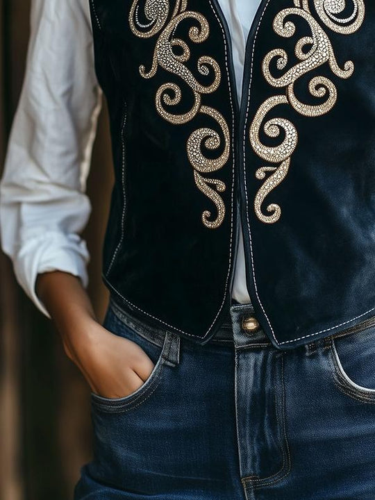 Vintage Western Style Embroidery Suede Waistcoat