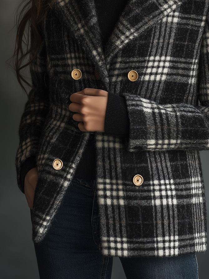 Retro Double-breasted Plaid Pattern Pockets Woolen Jacket