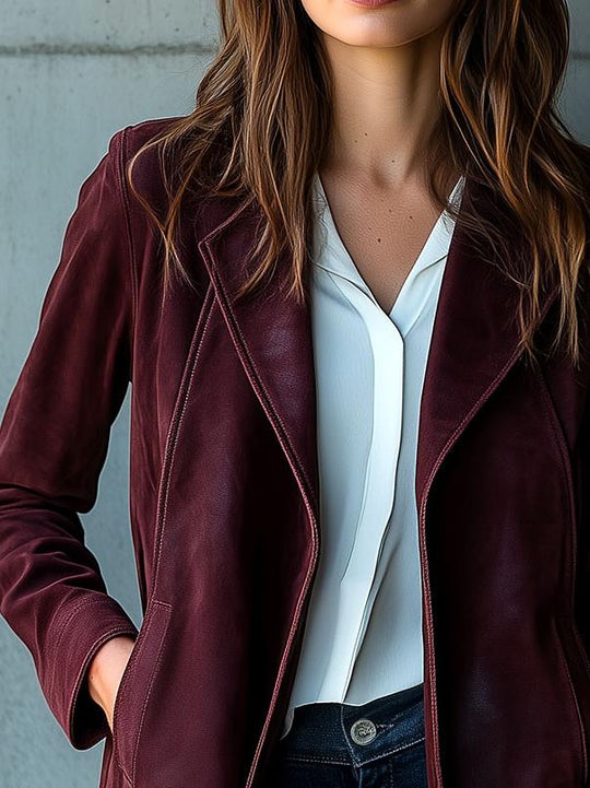 Chic Suit Collar Pockets Mid-legnth Burgundy Suede Jacket