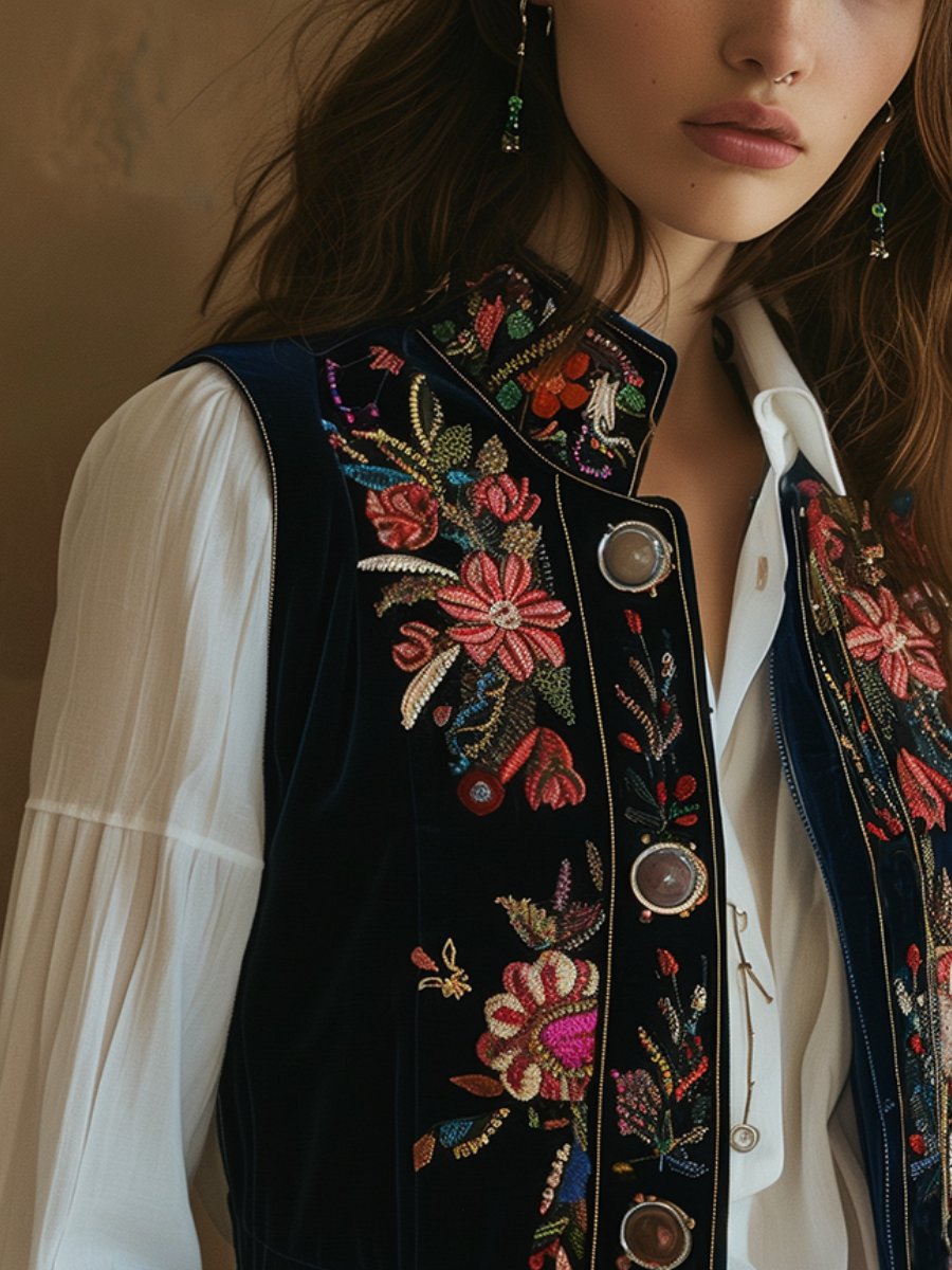 Vintage Velvet Floral Embroidery Stand Collar Waistcoat